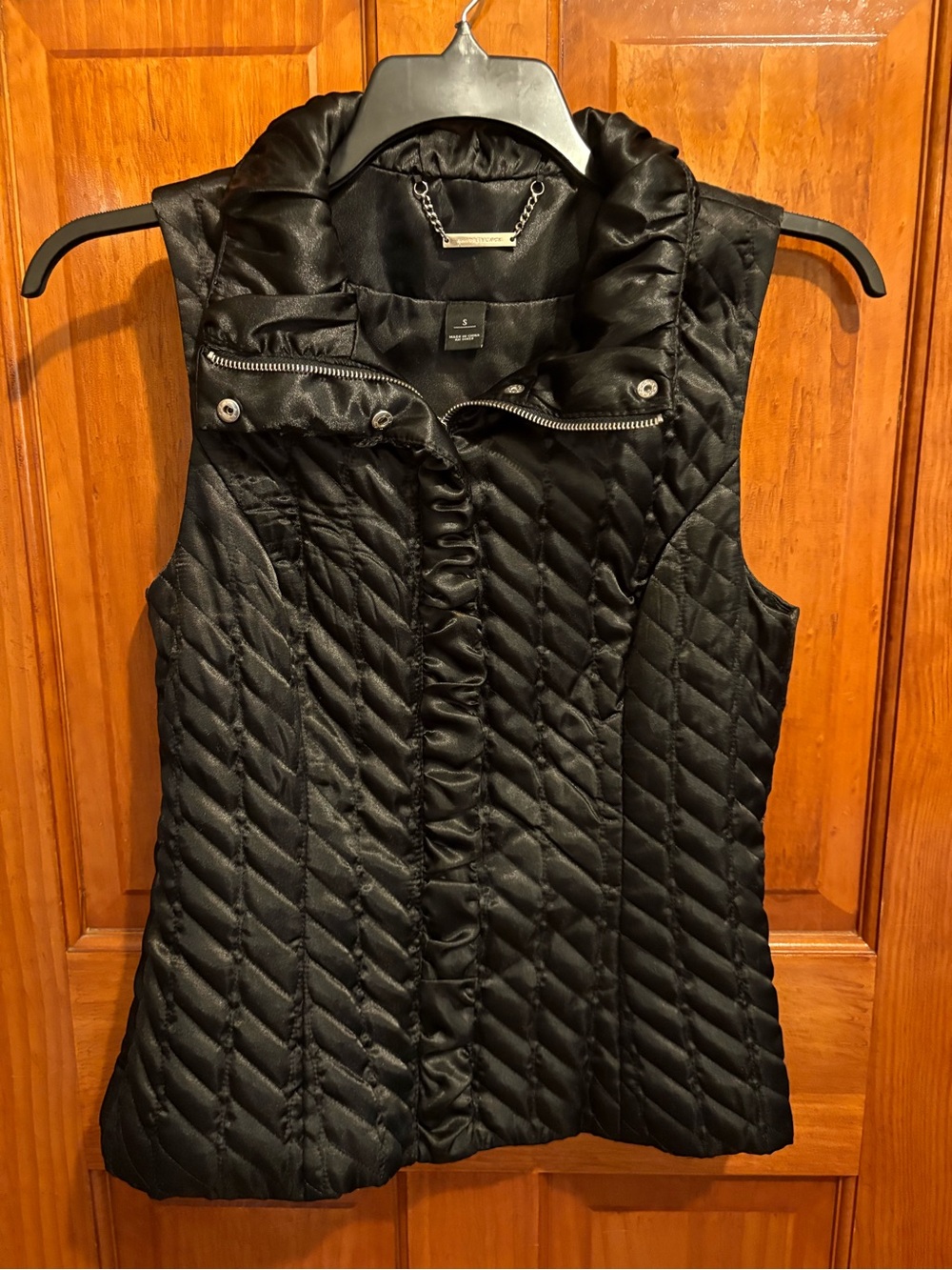 Black Quilted Sleeveless Vest with Ruching and Zipper and Snaps by White/Black
